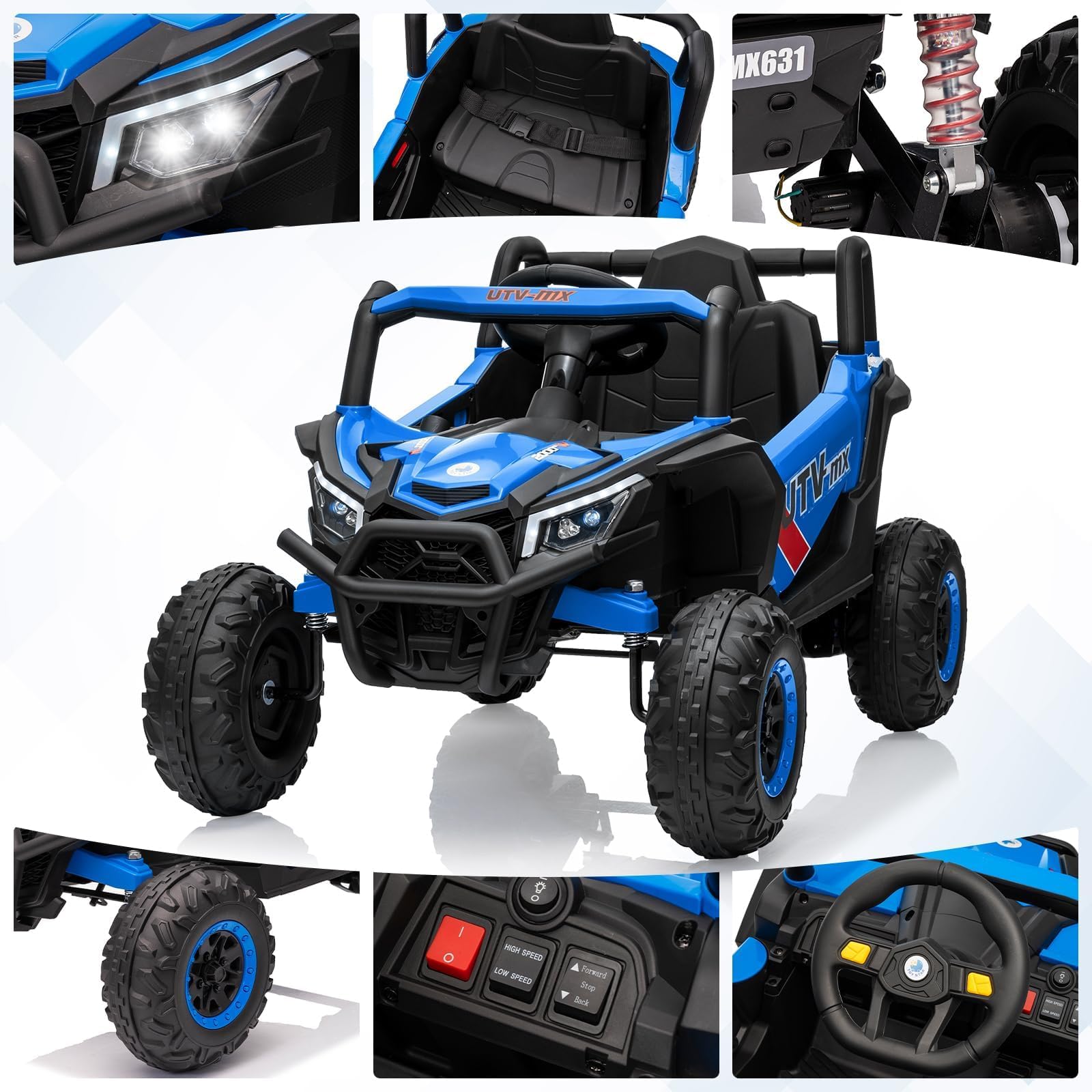 Coche eléctrico infantil tipo UTV todoterreno color azul con luces LED de la marca Garvee