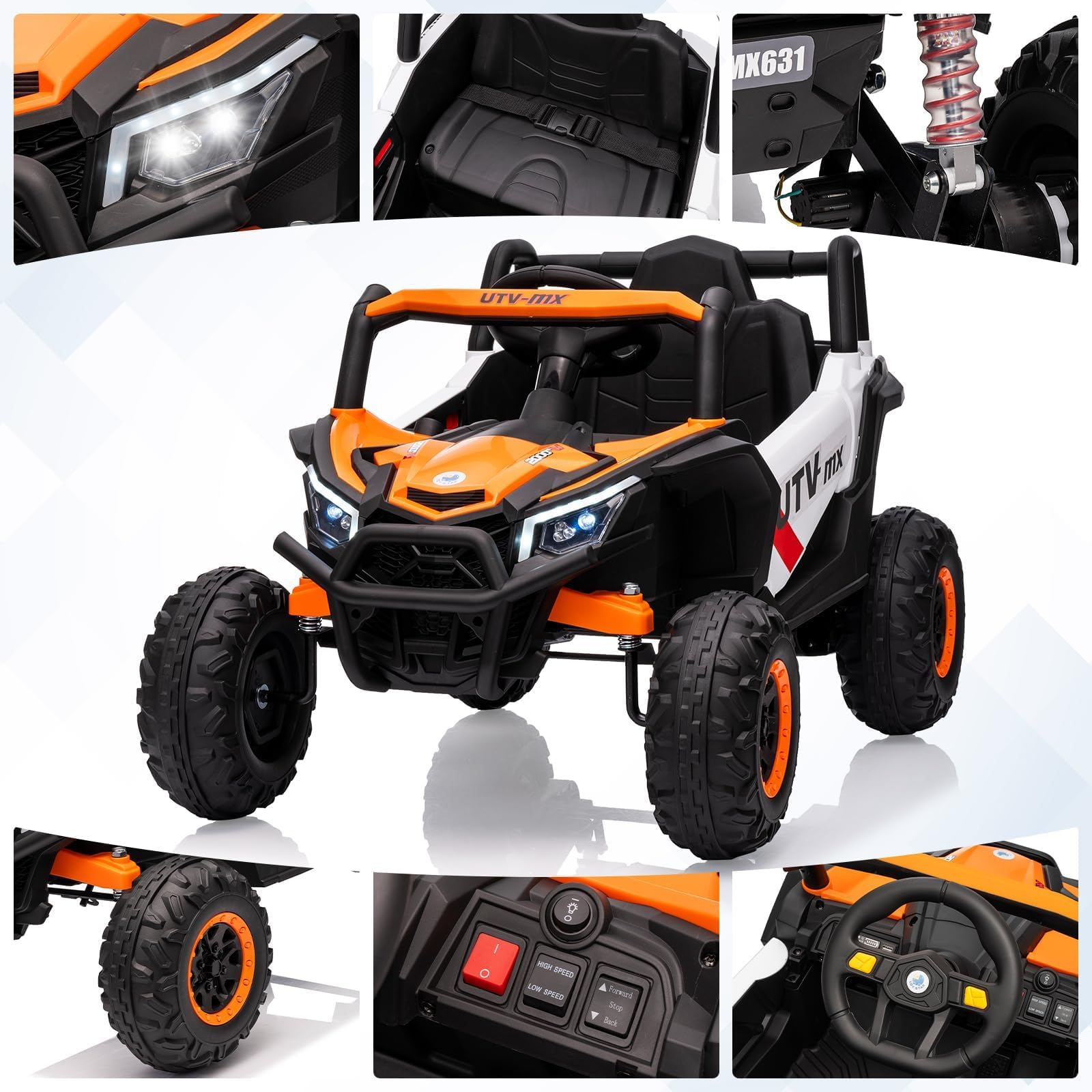 Coche eléctrico infantil Garvee 4x4 UTV naranja con mando a distancia y luces LED para niños