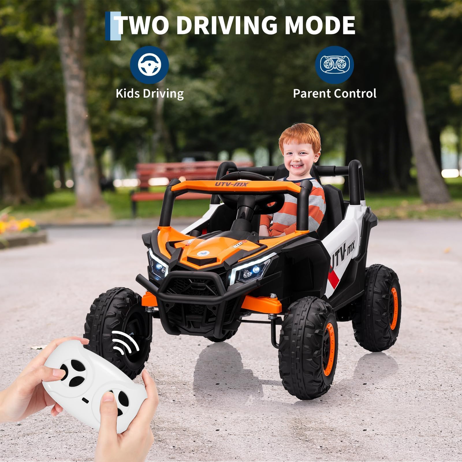 Luces LED, claxon y panel de música Bluetooth del coche eléctrico UTV Garvee naranja