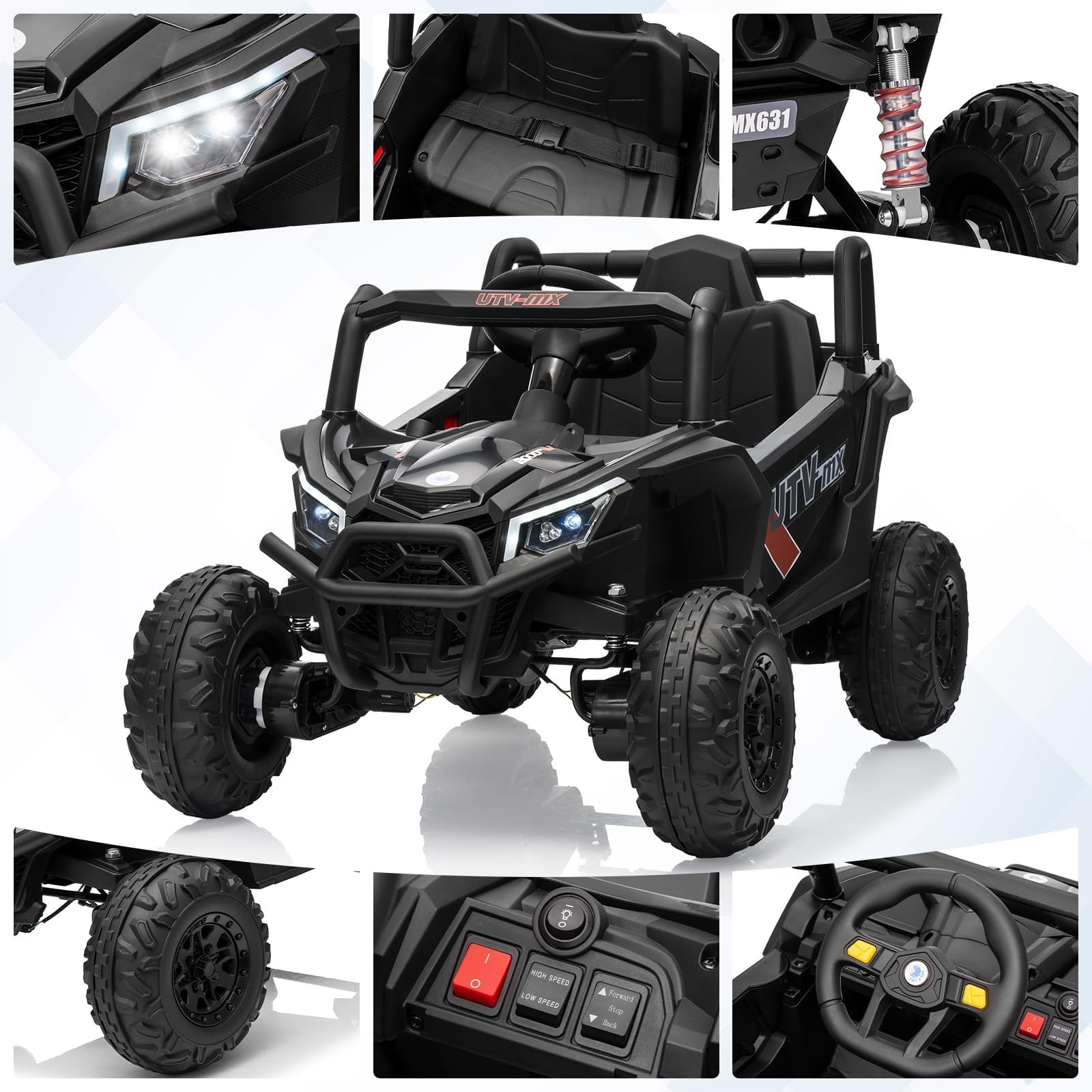 Coche eléctrico infantil tipo UTV todoterreno color negro con luces LED de la marca Garvee