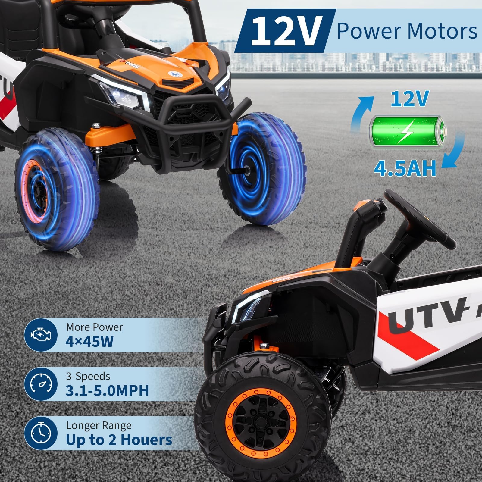 Chasis todoterreno y neumáticos anchos del coche eléctrico infantil Garvee UTV naranja